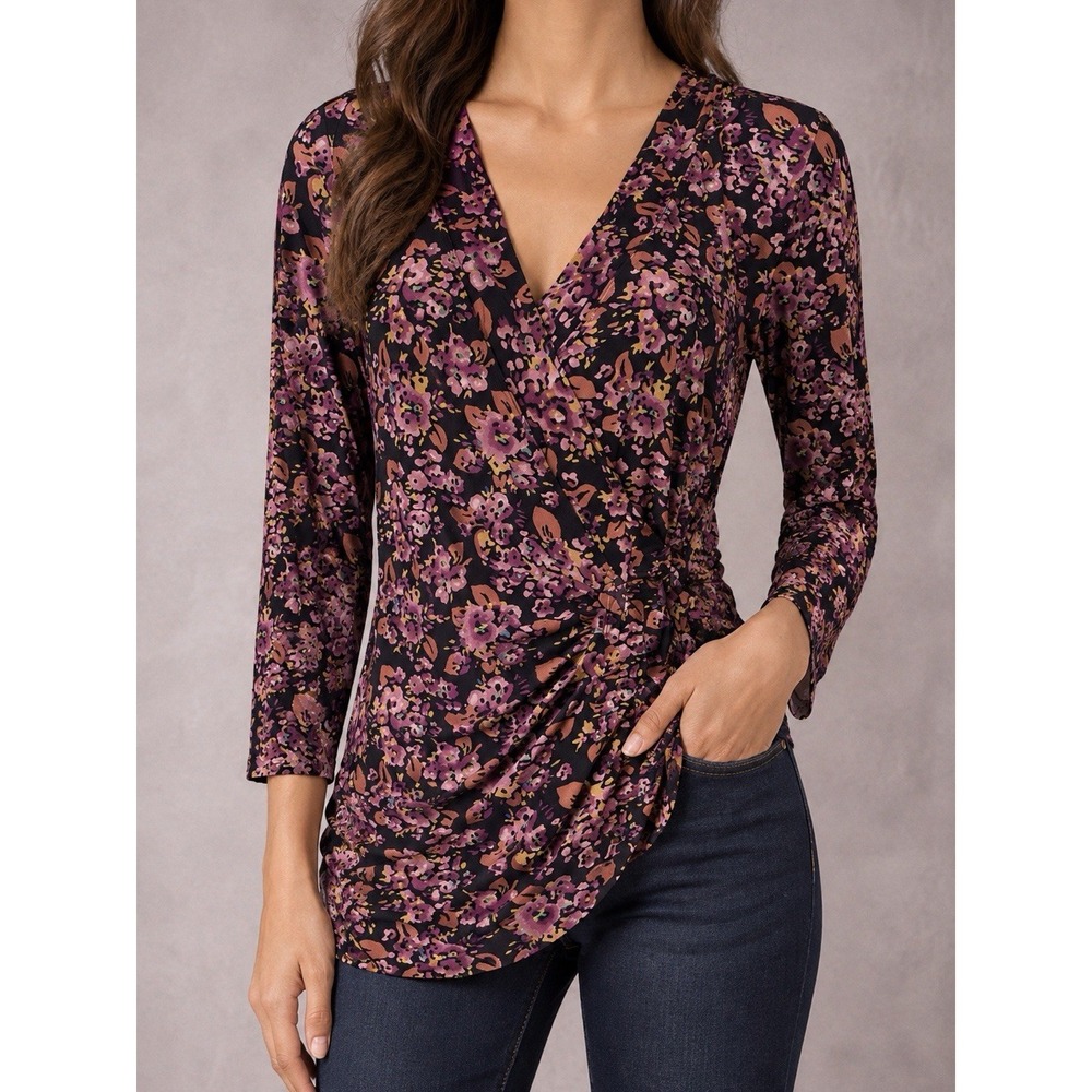 Lauren Ralph Lauren Black Label Wrap Blouse Womens Medium Black Floral Ruched